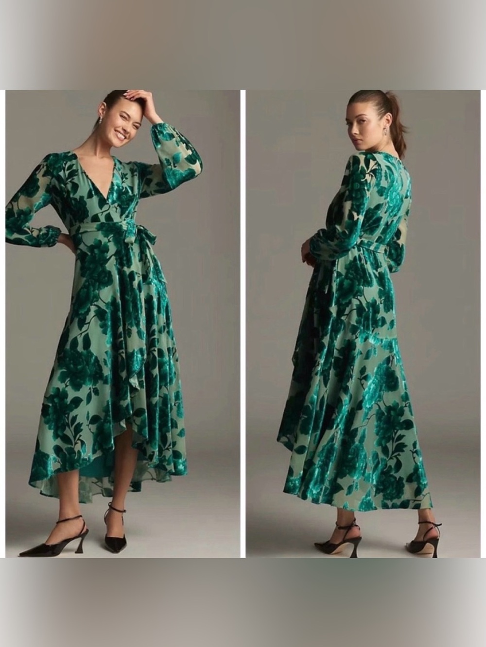 Anthropologie Hutch Velvet Wrap Dress Green Maxi Floral XS